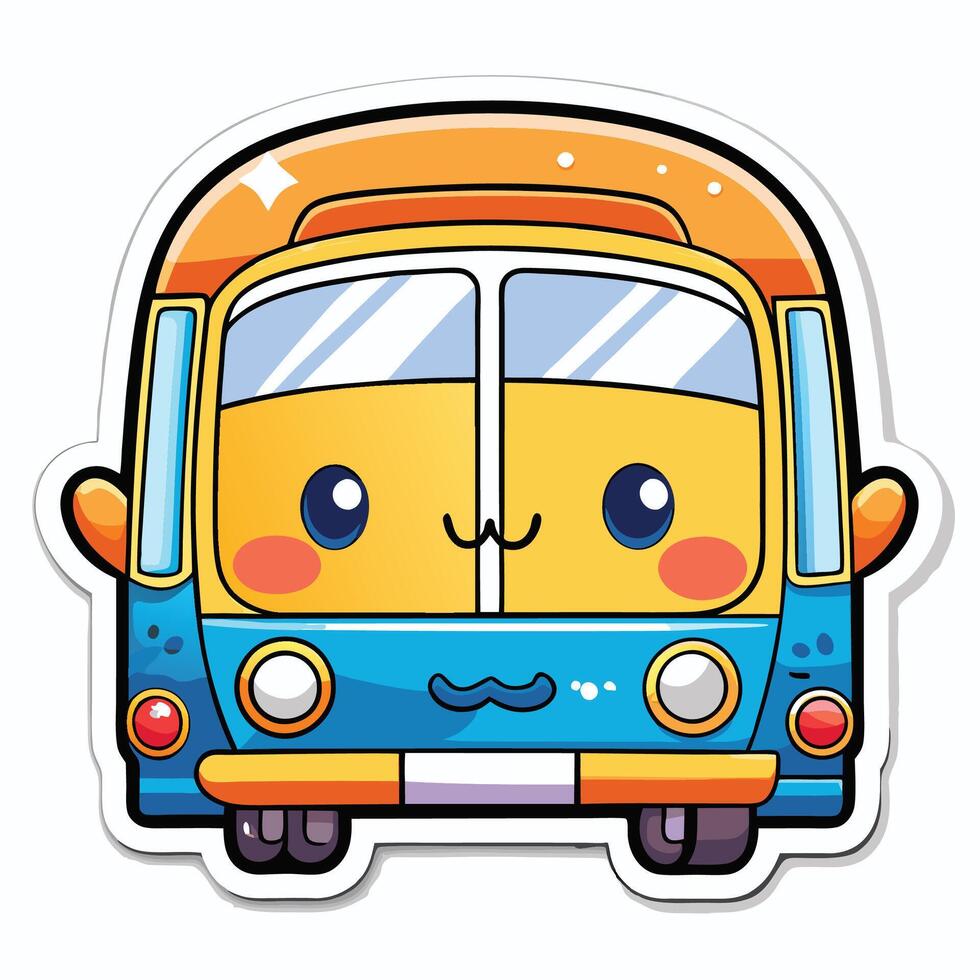 a sticker of a bus with eyes and a smile vector
