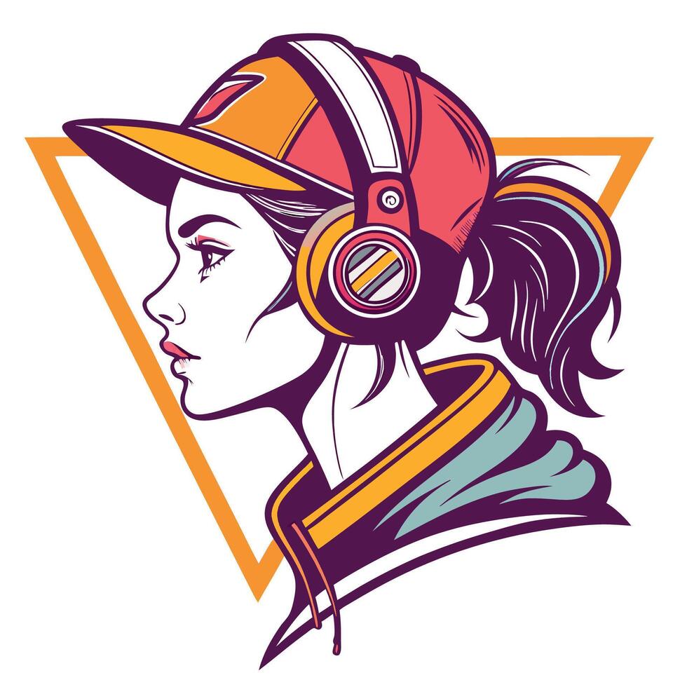 a girl in a baseball cap and headphones vector
