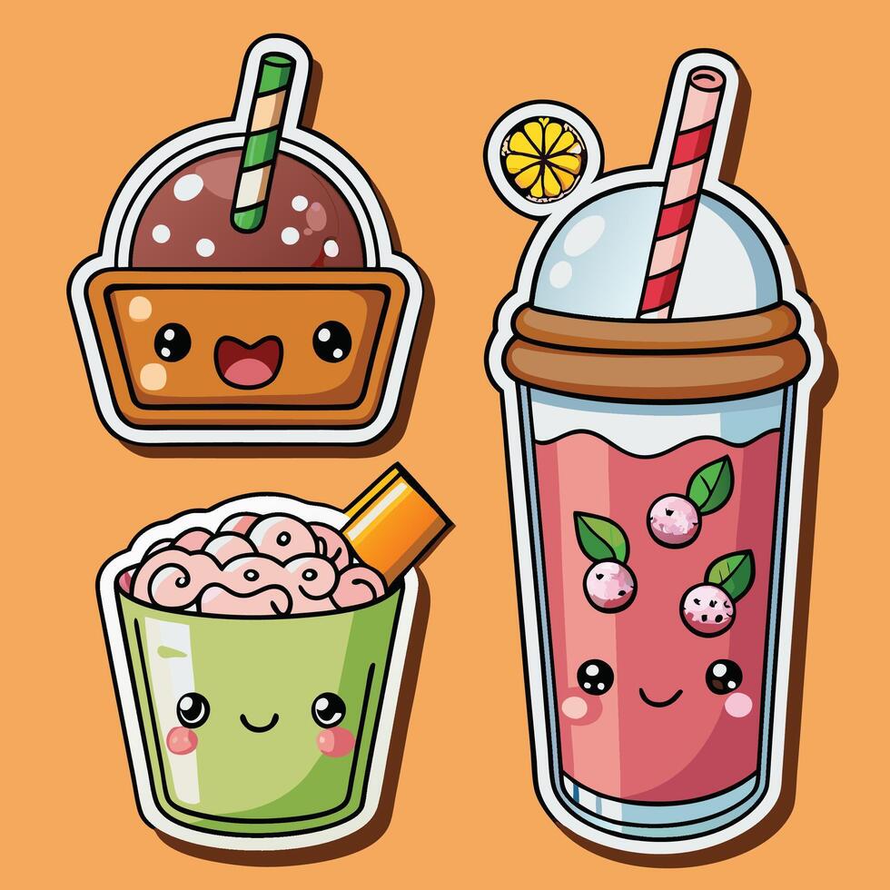 cute kawaii smoothie, ice cream and strawberry drink stickers set vector