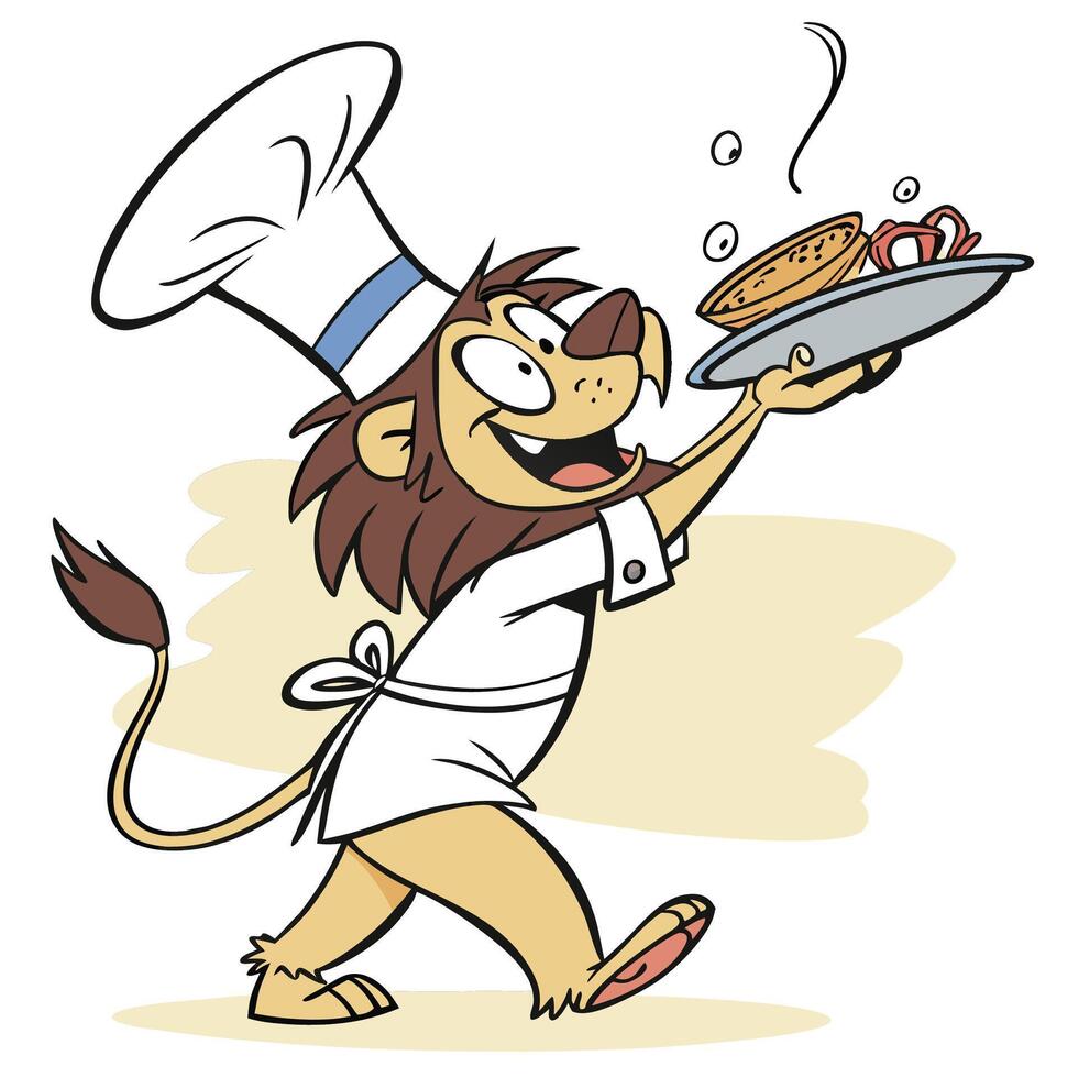 a cartoon lion chef holding a plate with food vector