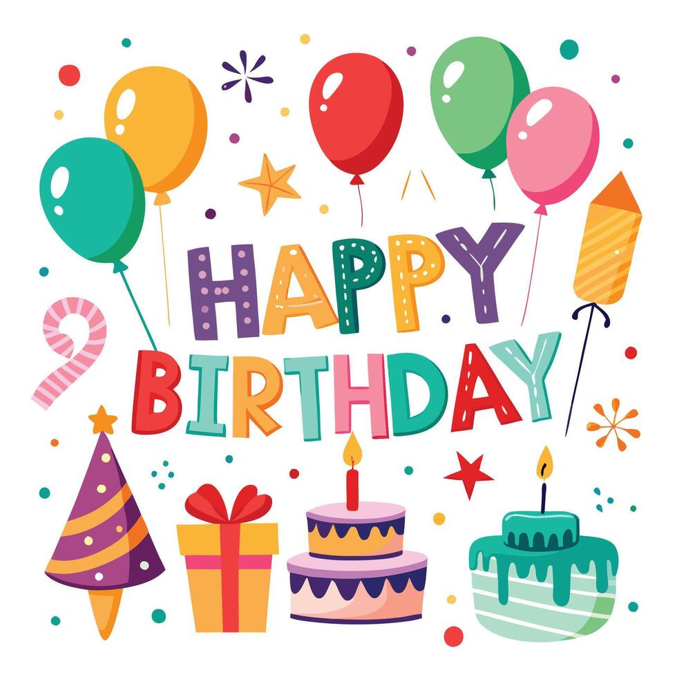happy birthday card with colorful balloons and cake vector