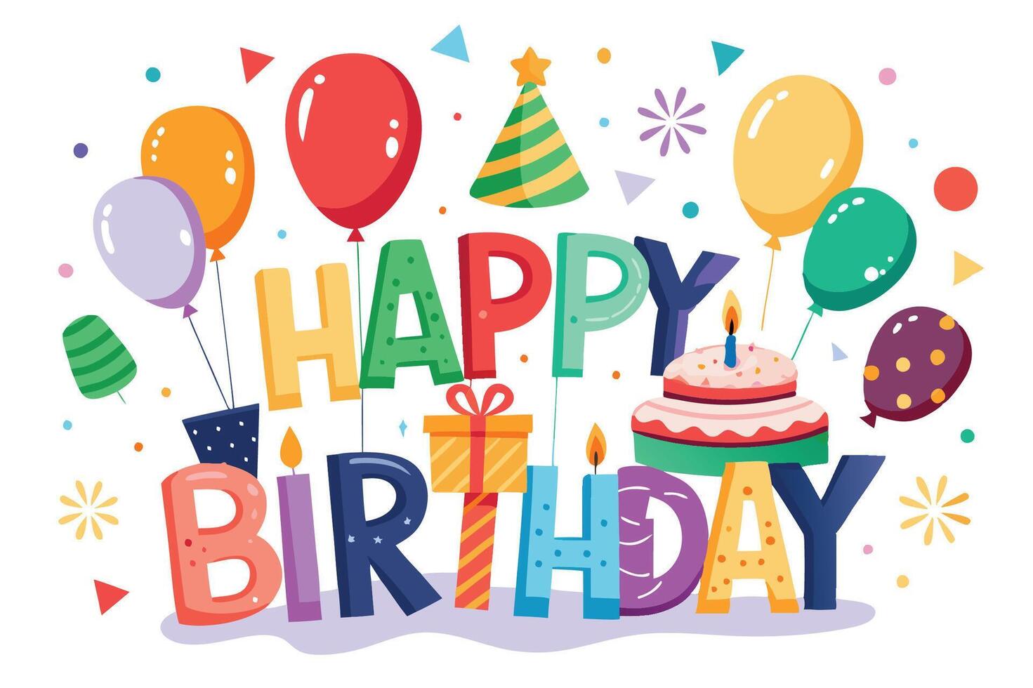 happy birthday card with balloons and cake vector