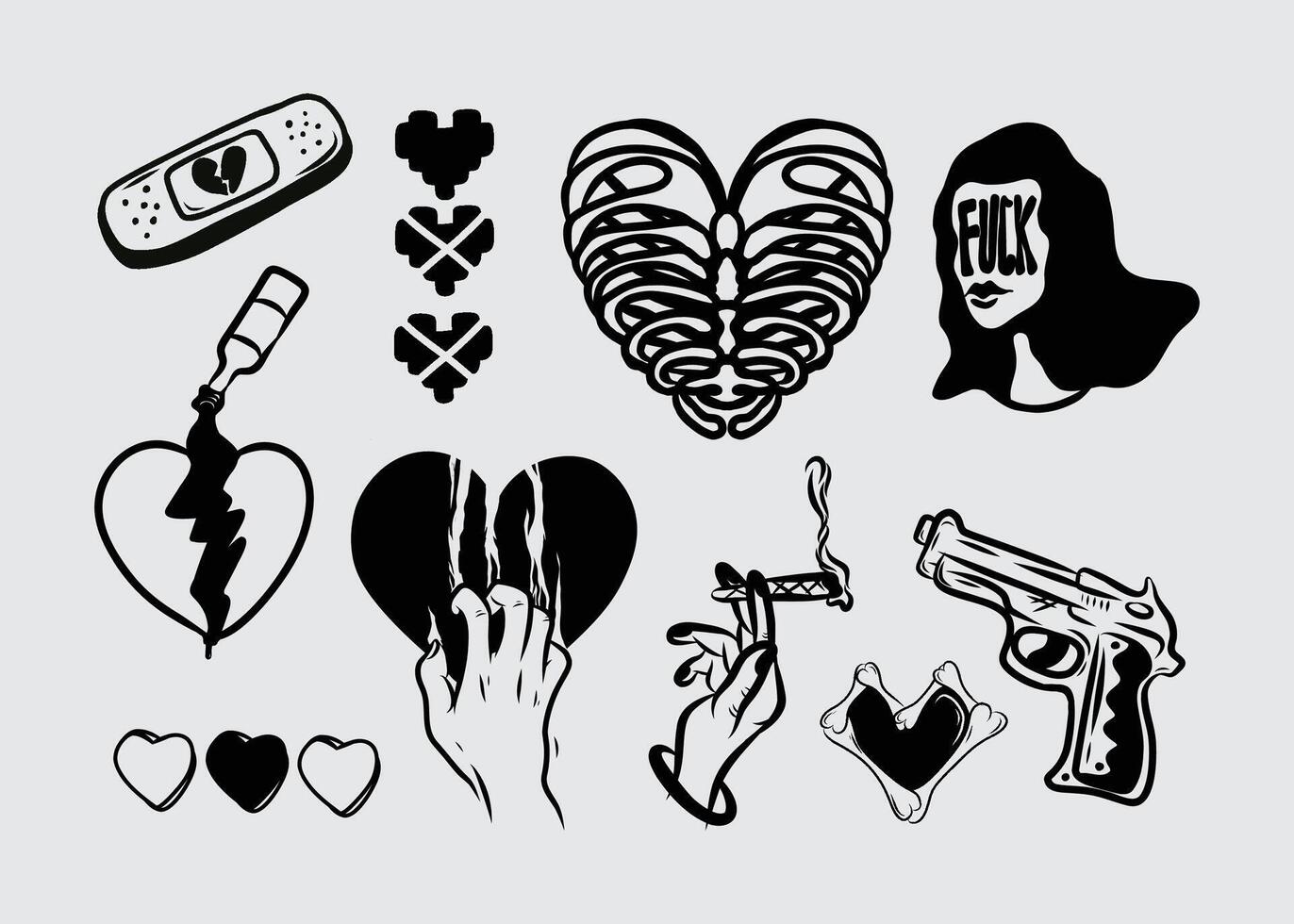 Gothic y2k design love sick streetwear element heart symbol element asset acid poster, tattoo style, illustration icon, symbol editable vector