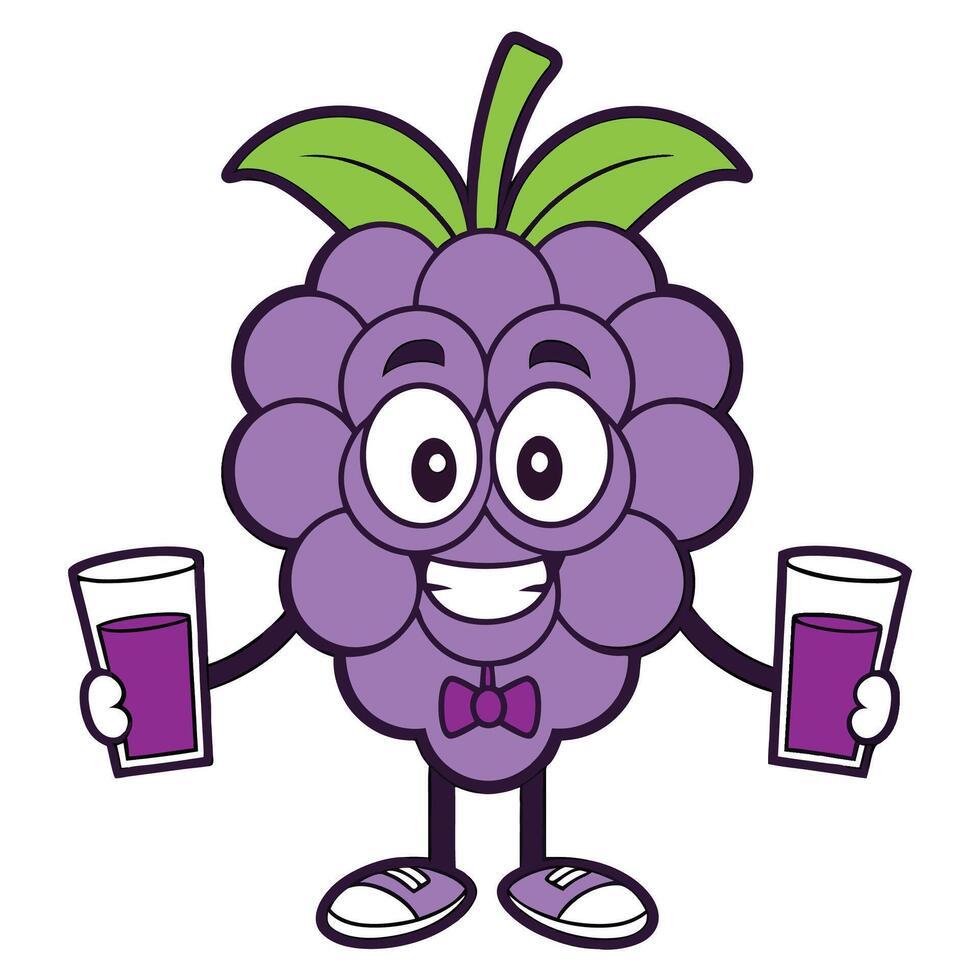 purple grape character holding a glass of juice illustration vector