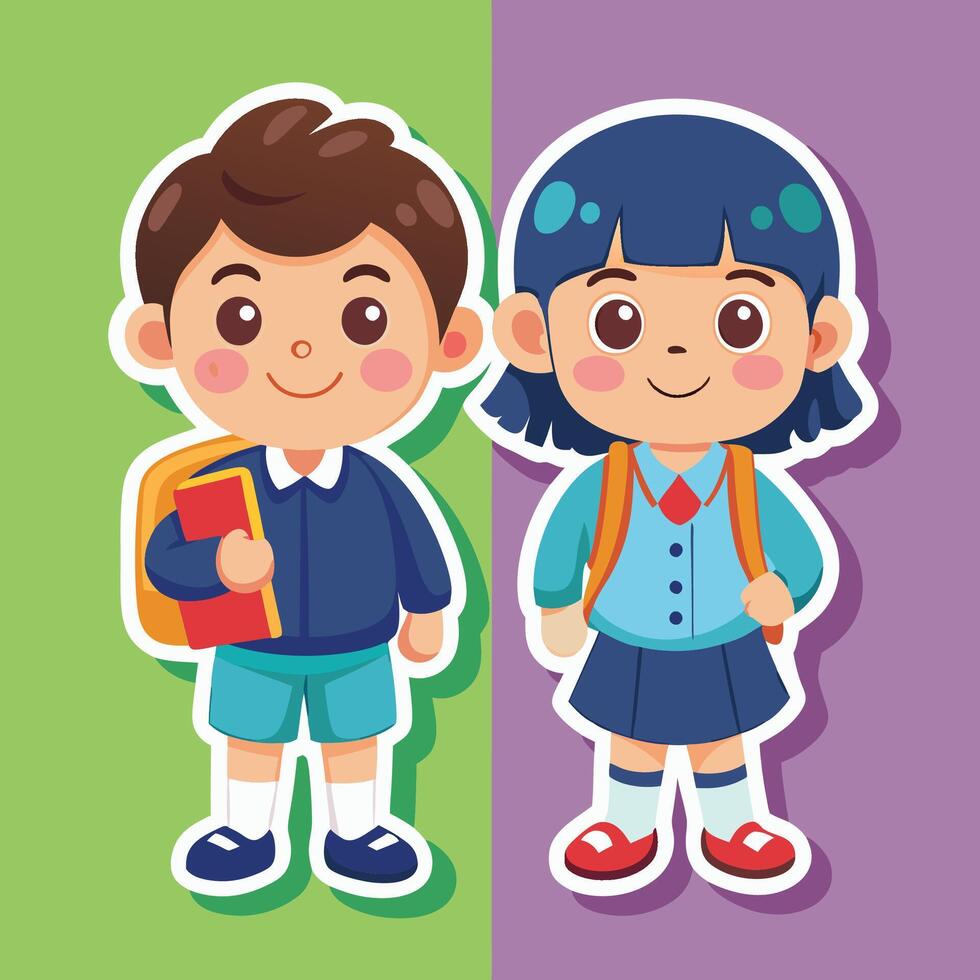 two children with backpacks standing next to each other vector