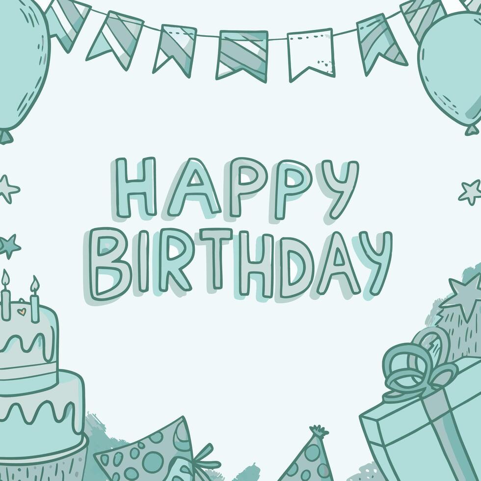 happy birthday card with balloons, cake and other items vector
