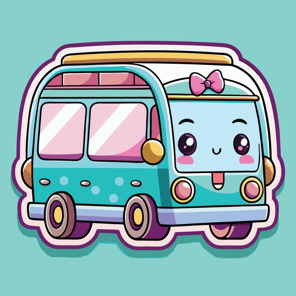 cartoon bus sticker with cute face and pink bow vector