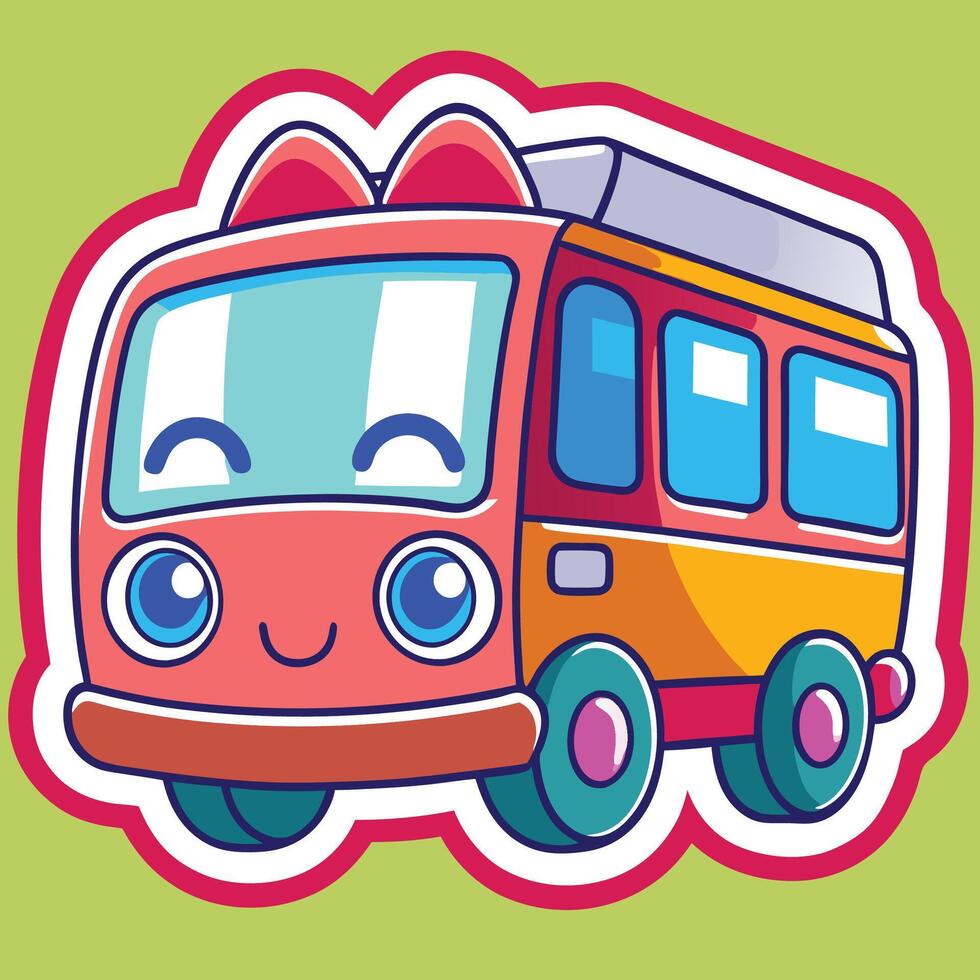 a cartoon bus with a smiley face sticker vector