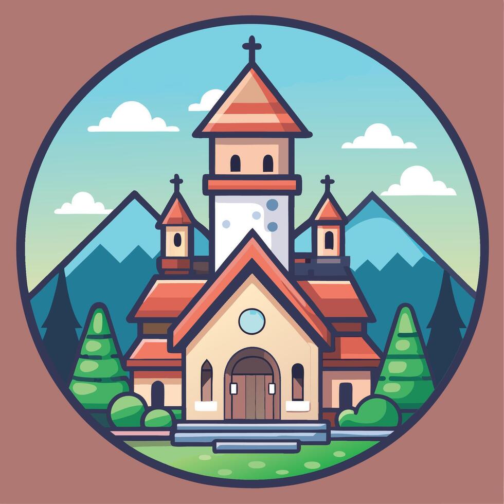 church icon with mountains and trees vector