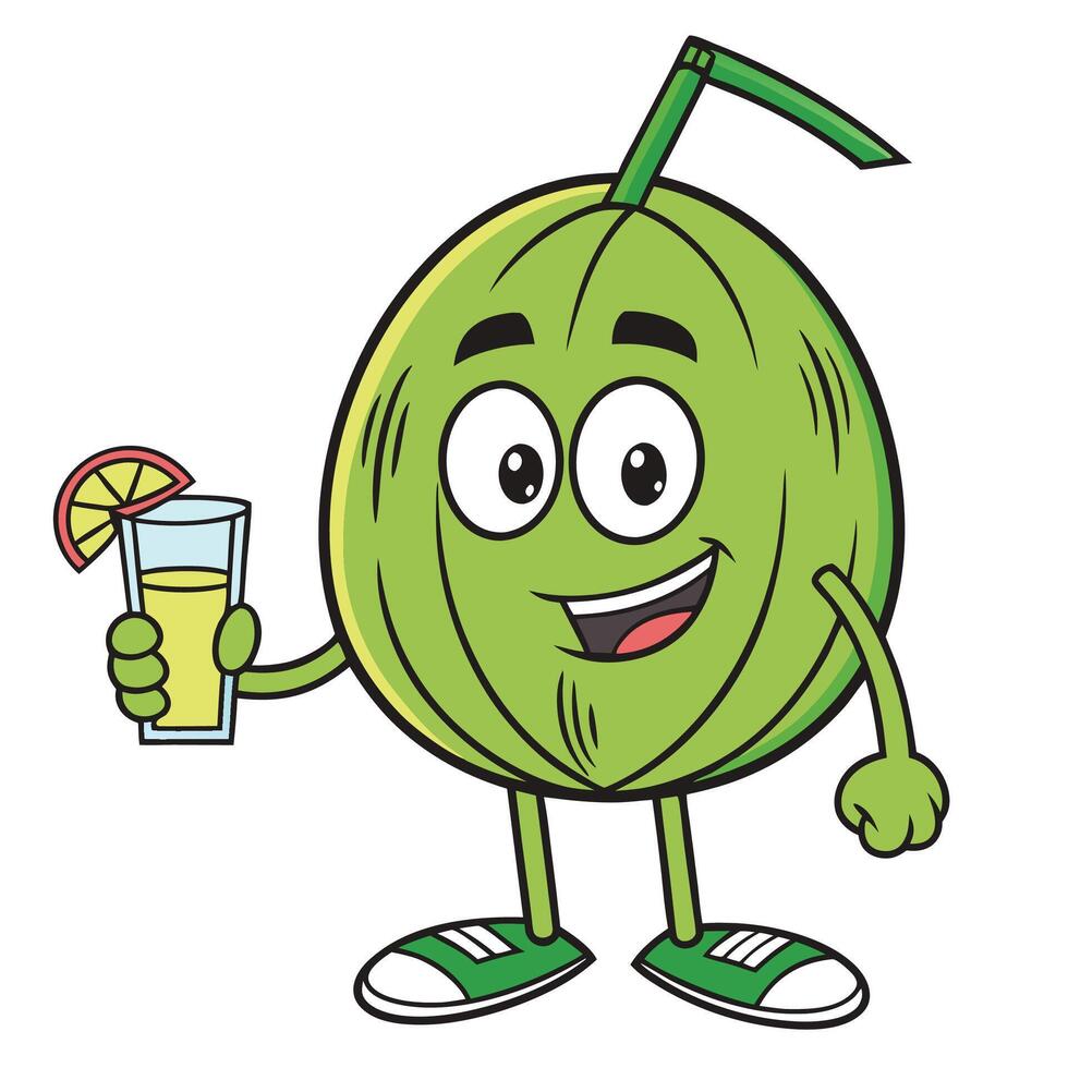 cute green melon fruit character with a glass of juice and a vector