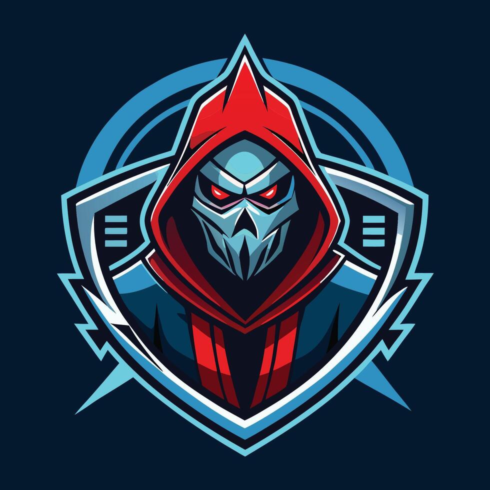 a red and blue hooded man with a red mask vector