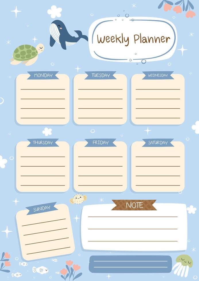 Weekly planner and to-do list with cute sea animals whale, turtle, jellyfish and puffer fish. Organize activities with environmental illustrations. Kids task schedule. vector