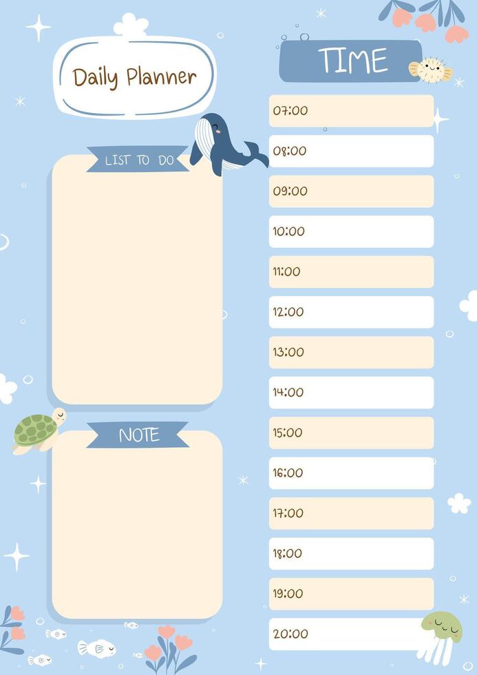 Daily planner and to-do list with cute sea animals whale, turtle, jellyfish and puffer fish. Organize activities with environmental illustrations. Kids task schedule. vector