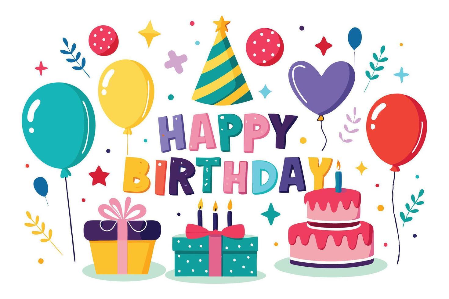happy birthday card with balloons and gifts vector