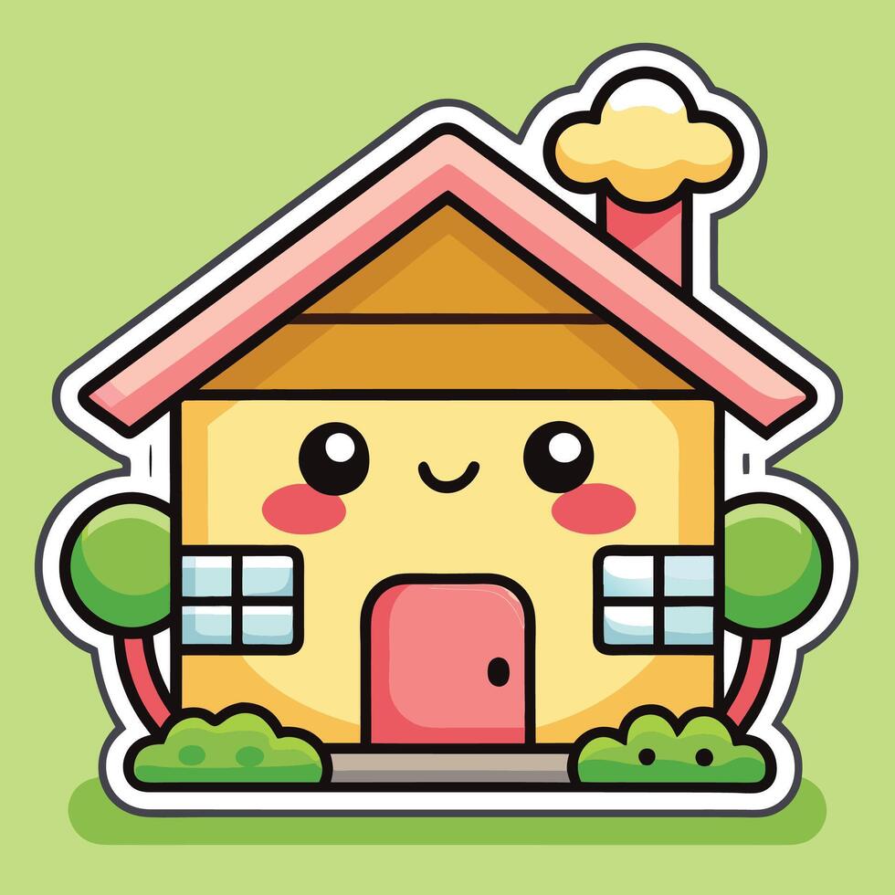 a cute house sticker with a pink roof and windows vector
