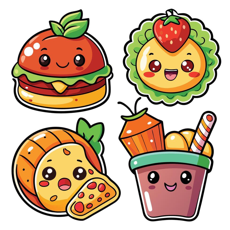 cute food stickers set with hamburger, pizza, strawberry, and ice cream vector
