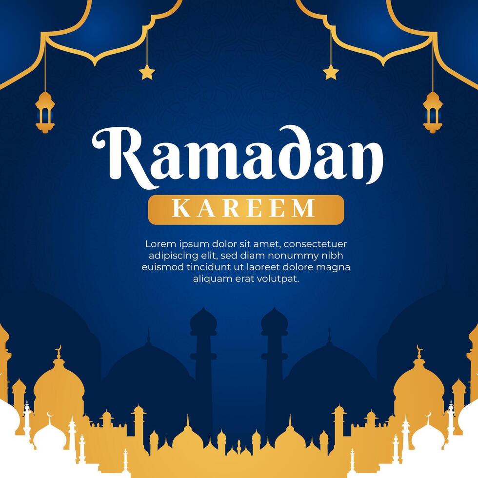 A blue and gold background with a blue and gold text that says Ramadan Kareem vector