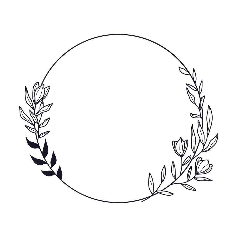 Hand-Drawn Circular Frame with Leaves and Flowers vector