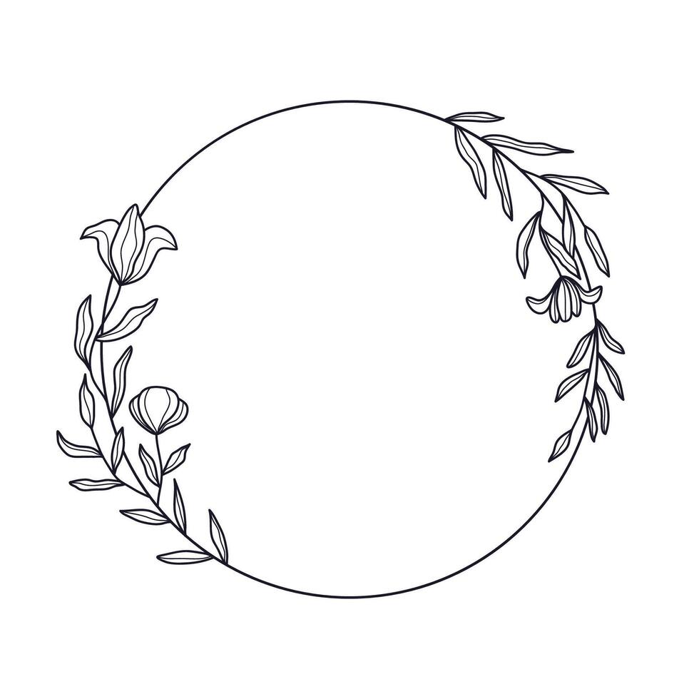 Circular Frame with Hand drawn Leaves and Flowers vector