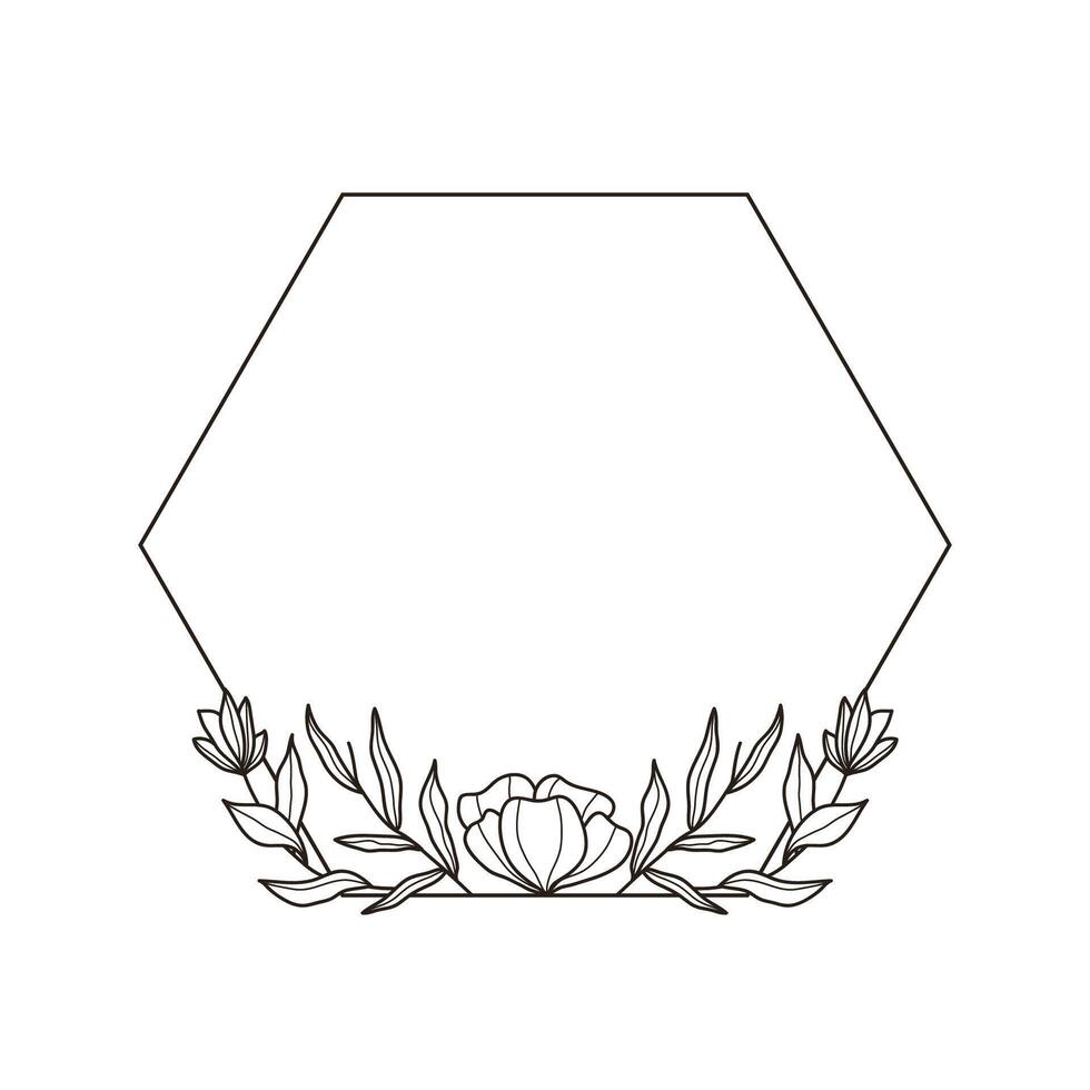 Floral geometric hexagon frame with hand drawn flowers and leaves vector