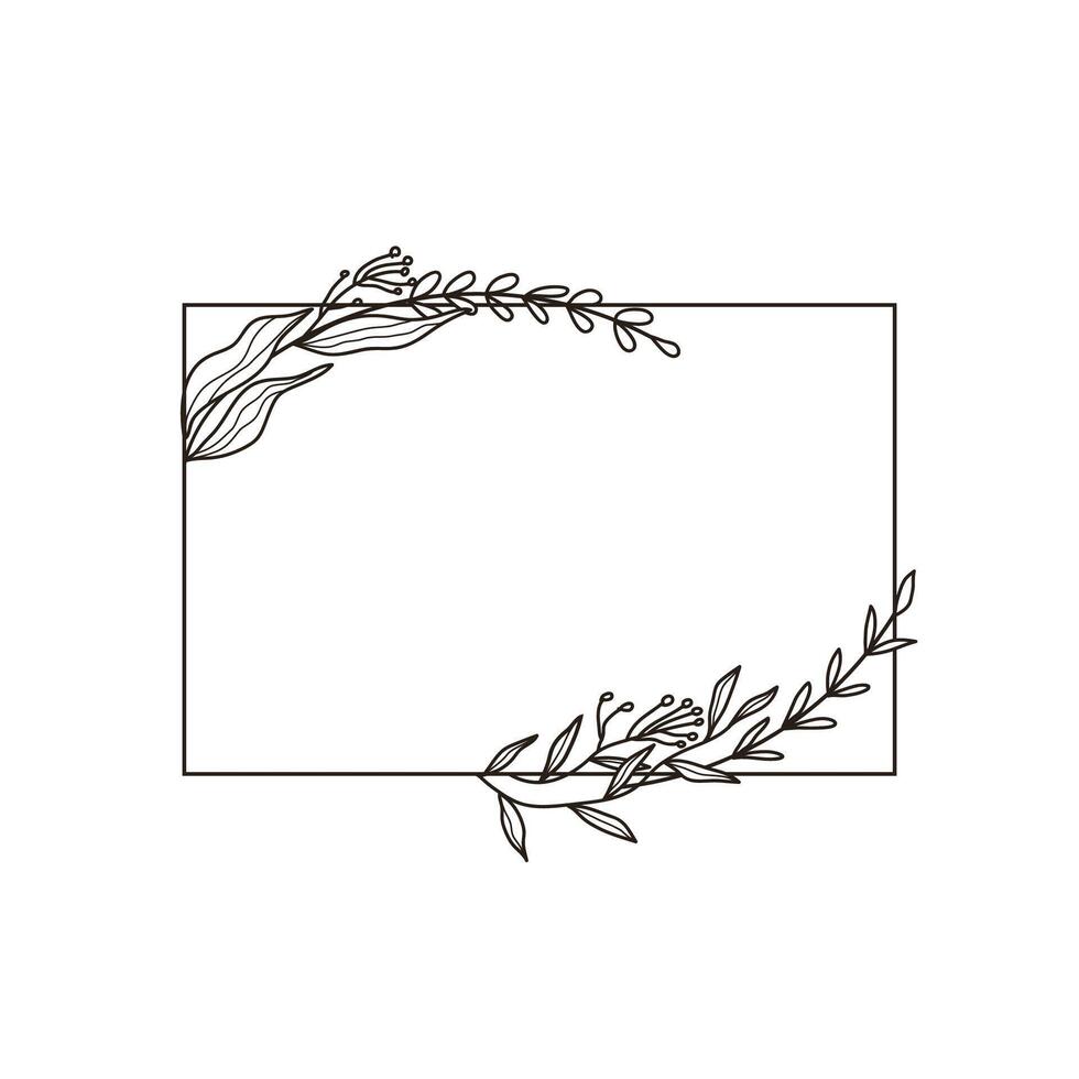 Floral geometric square frame with hand drawn flowers and leaves vector