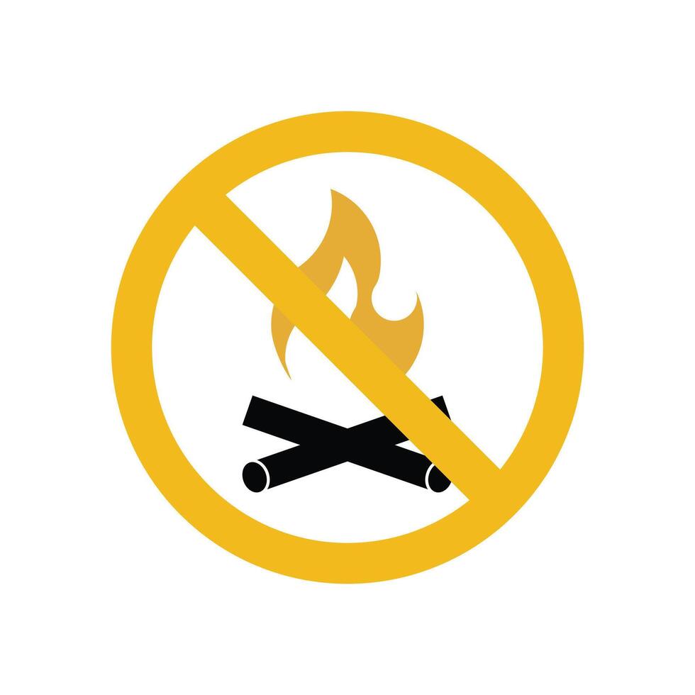 Fire restriction road sign isolated on a white background. No campfire area traffic sign with a yellow circle and campfire icon. Campfire prohibited area caution sign for hikers and campers. vector