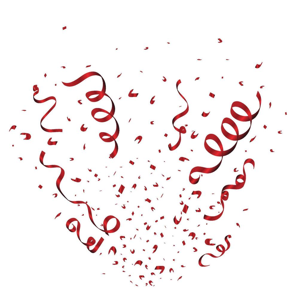 Luxury red ribbon and confetti blast on a white background. Red color confetti and tinsel design for party element. Confetti and ribbons for festival, birthday, anniversary, and decoration. vector