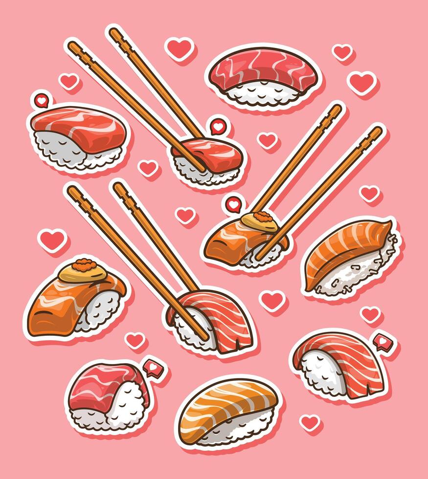 Sticker Set of Japanese Food Salmon and Tuna Sushi. Food and Beverage Illustration Theme. vector