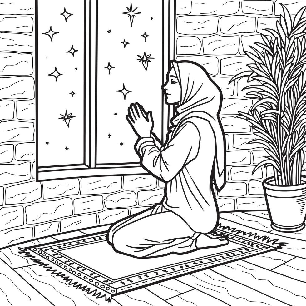 Serenity in Prayer A Meditative Coloring Page with Stars and Tranquil Surroundings vector