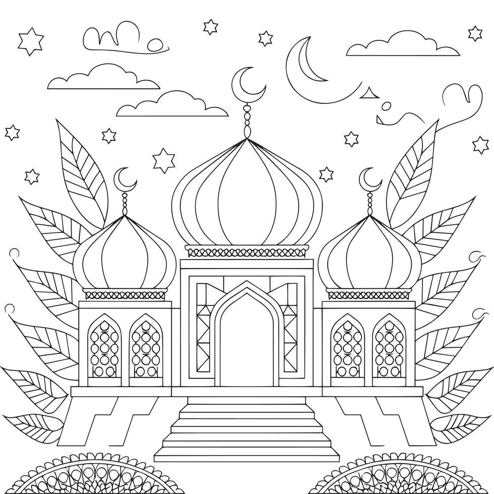 Whimsical Serenity A Detailed Mosque Coloring Page vector