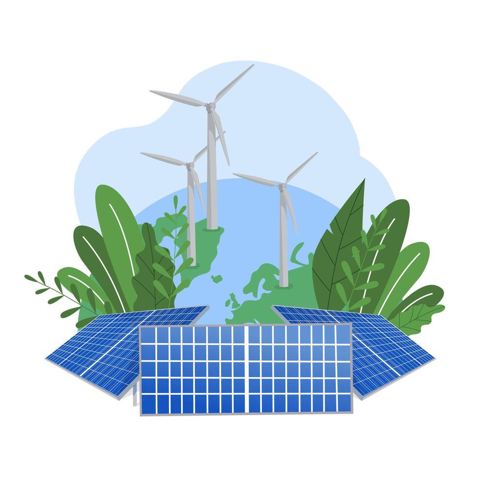 Green planet with renewable natural electricity energy sources. Save Earth, ecology, environment concept. illustration isolated on white background vector