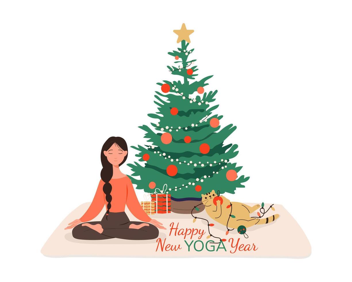 Happy New Yoga Year with women meditating in lotus pose and playful cat playing with decoration in paws and garland. illustration isolated on white background vector