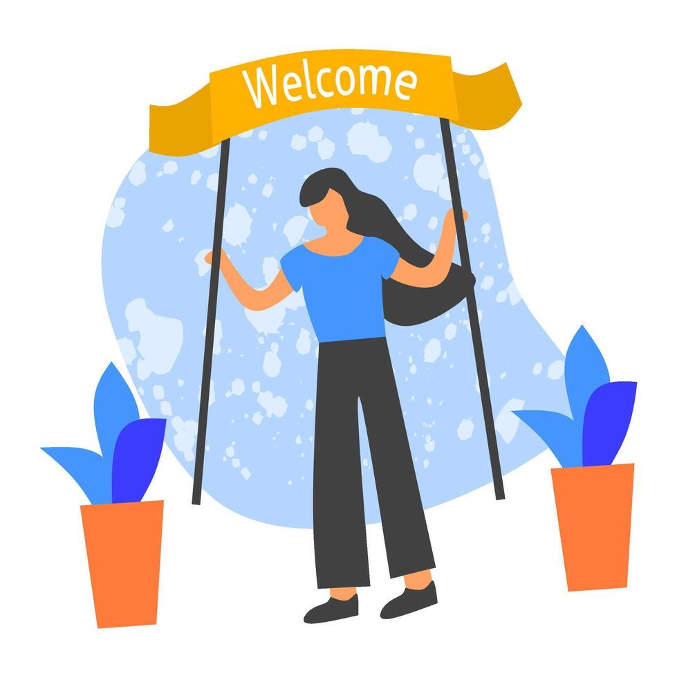 Welcome illustration set featuring cheerful people holding banners and signs in vibrant flat design. Perfect for invitations, greetings, or event promotions vector