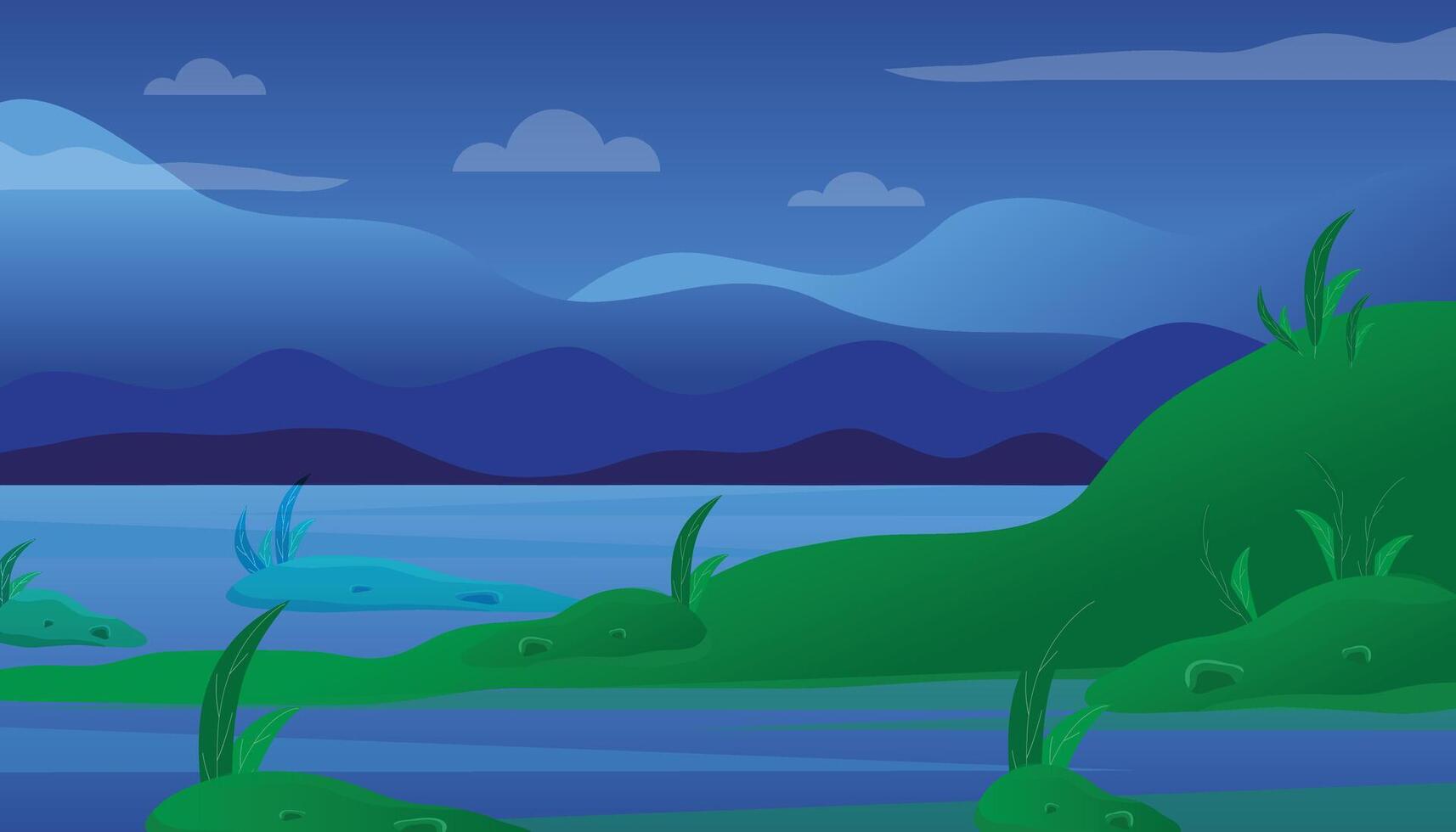 Beautiful landscape of mountain, sky and water with green nature around illustration. vector