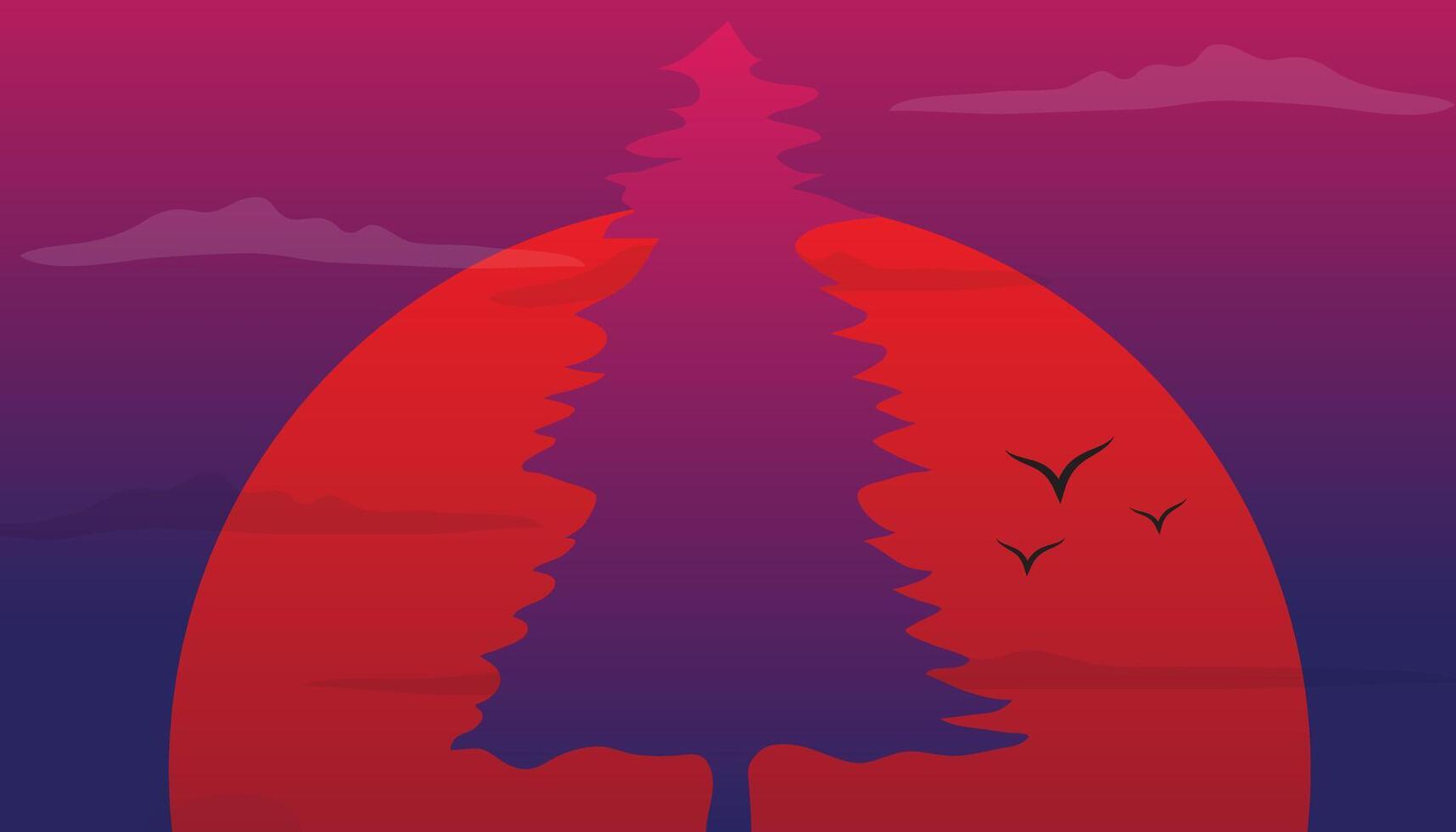 Beautiful landscape of sunset or sunrise with one big tree silhouette and red sky and sun illustration. vector