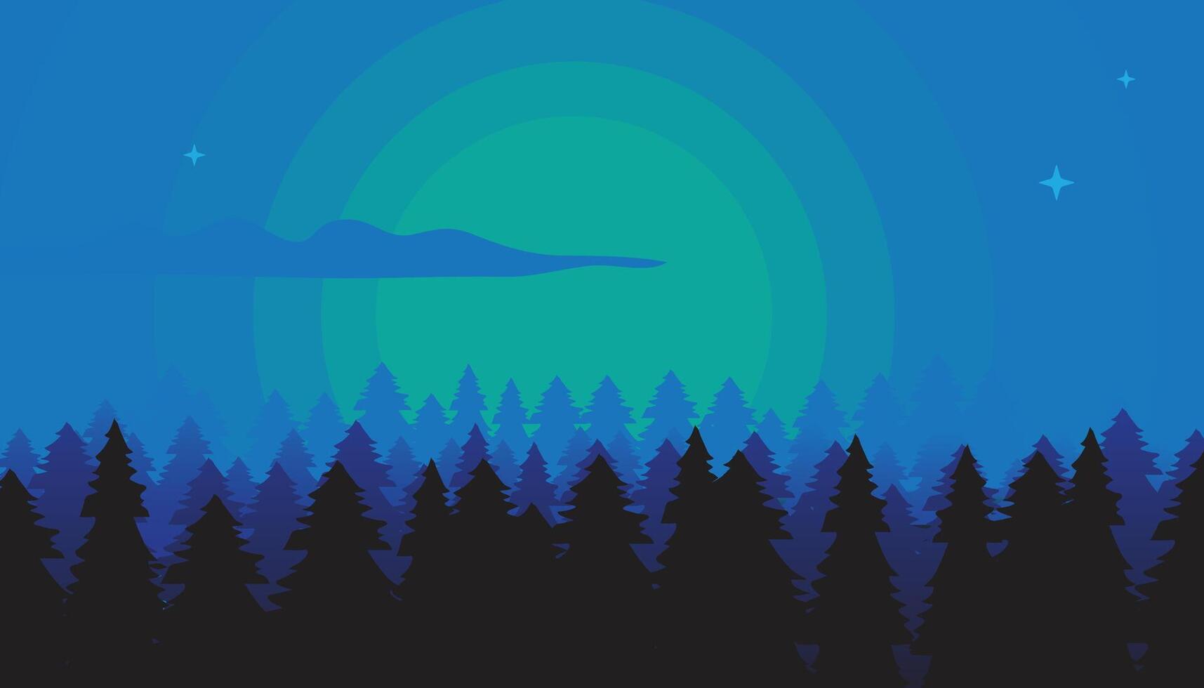 Beautiful landscape of sunset or sunrise with forest and trees silhouette and blue sky and sun illustration. Floating Cloud Above. vector
