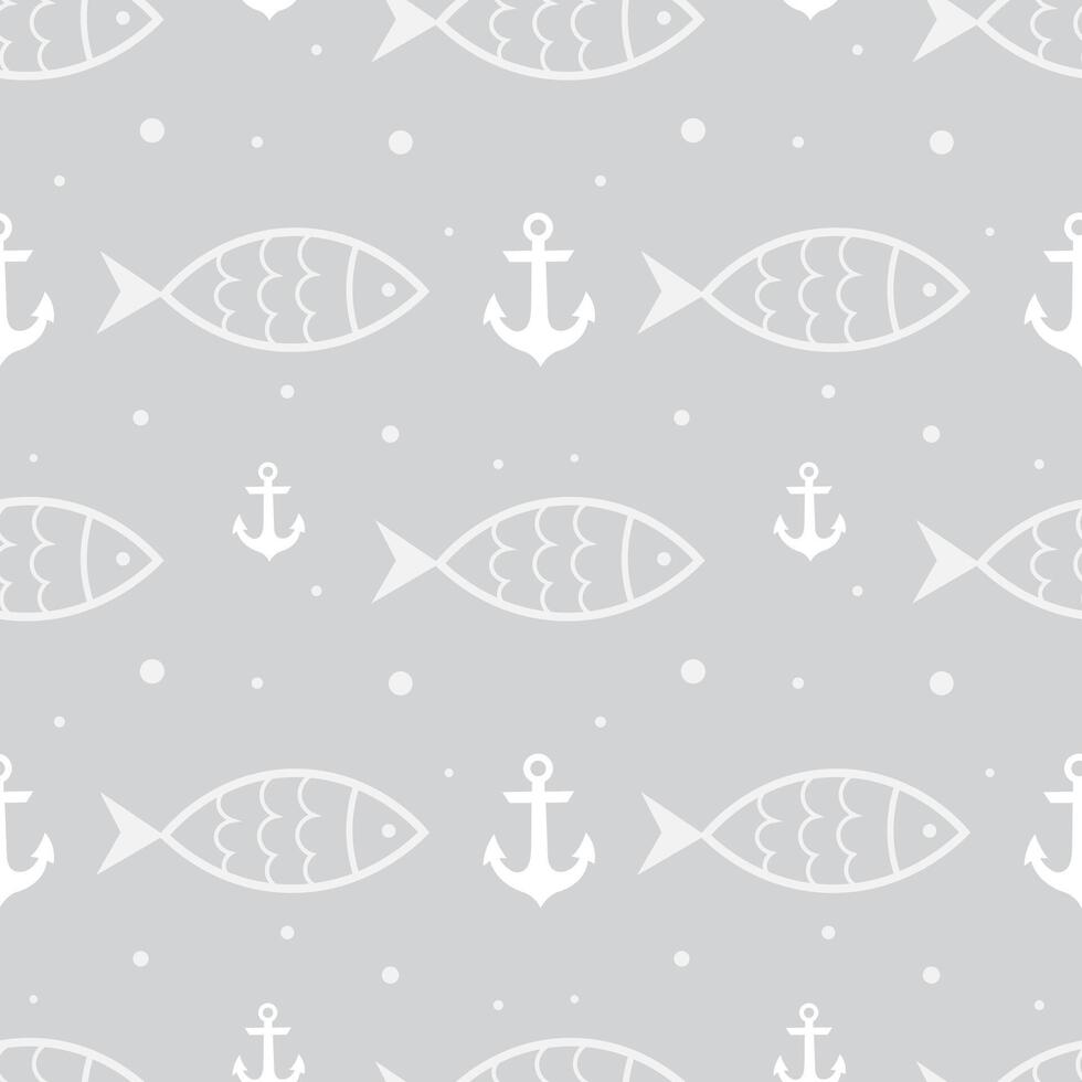 Seamless nautical pattern with fish and anchors on a grey background vector