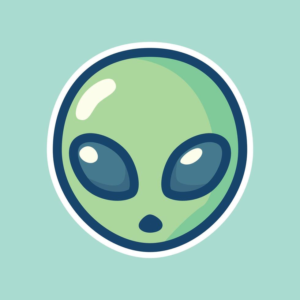 Green Alien Head with Large Black Eyes on Teal Background - Cartoon Illustration vector