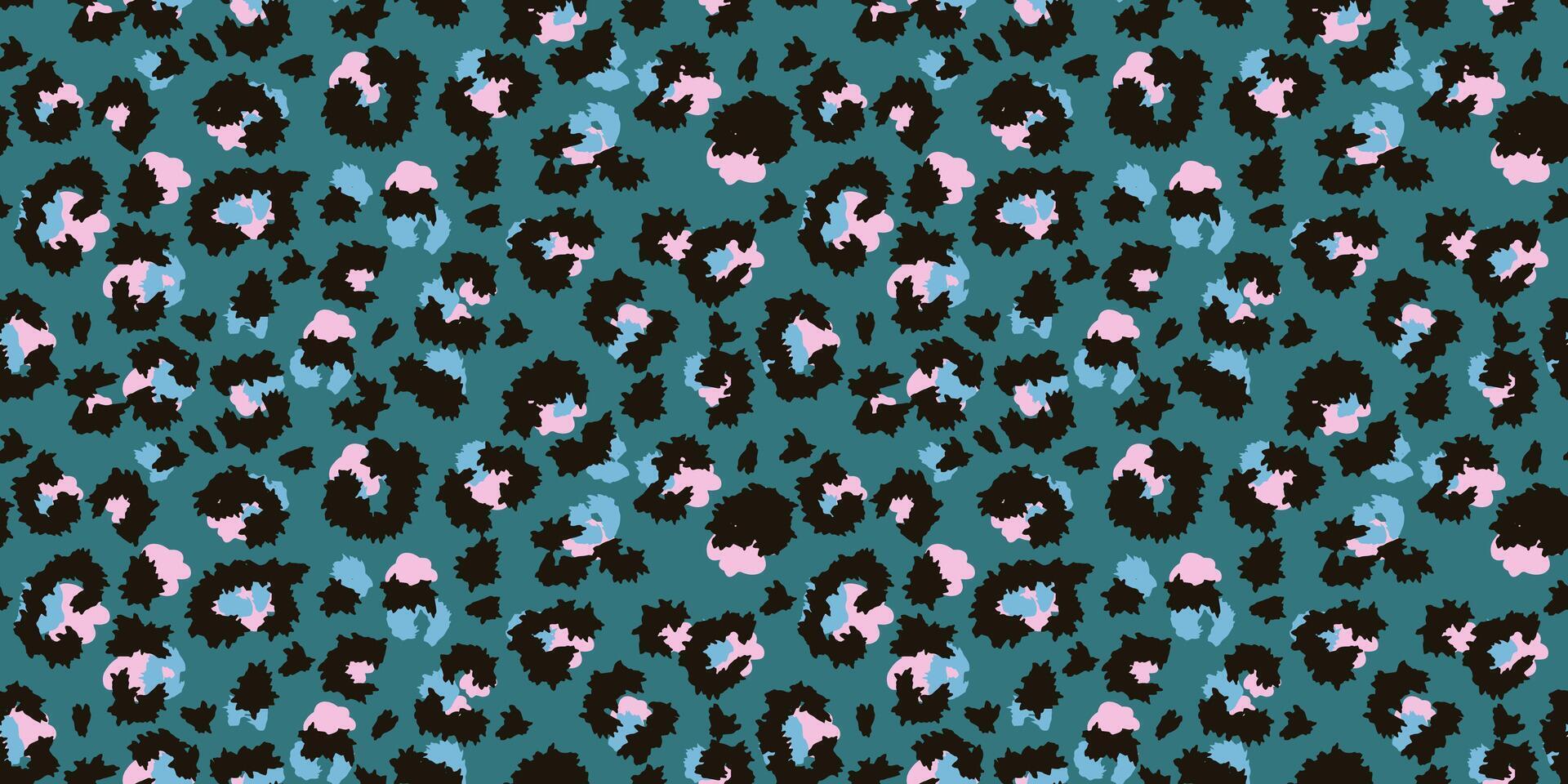 Bold leopard-inspired seamless pattern with black, pink, and blue spots on a teal background. Perfect for fashion, textiles, wallpapers, and graphic design projects with a trendy animal print vibe. vector