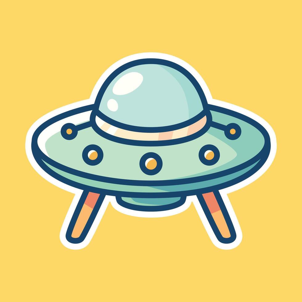 Cartoon UFO Spaceship with Green Dome and Landing Legs on Yellow Background vector
