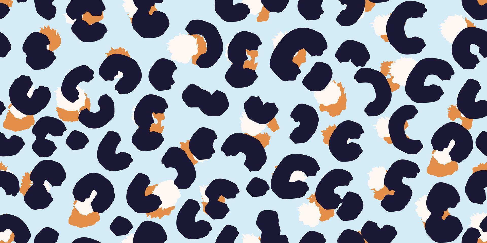 Seamless leopard pattern with bold black spots on a soft, light blue background. Ideal for textile design, fashion, packaging, wild animal prints vector