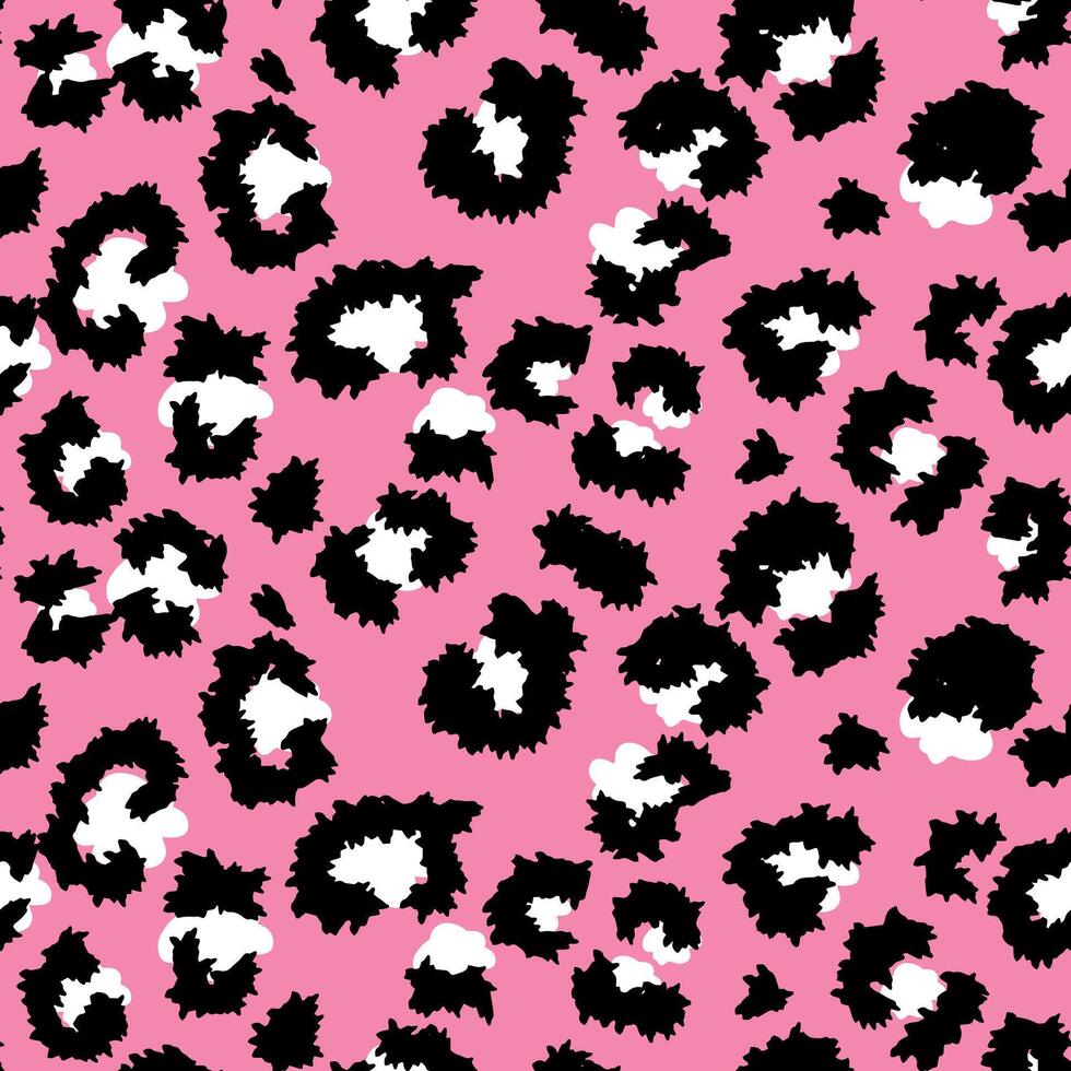 Seamless leopard-style pattern in black and white spots on a bright pink background. abstract design animal print. Perfect for fashion, textiles, wallpapers, offering a bold and trendy look vector