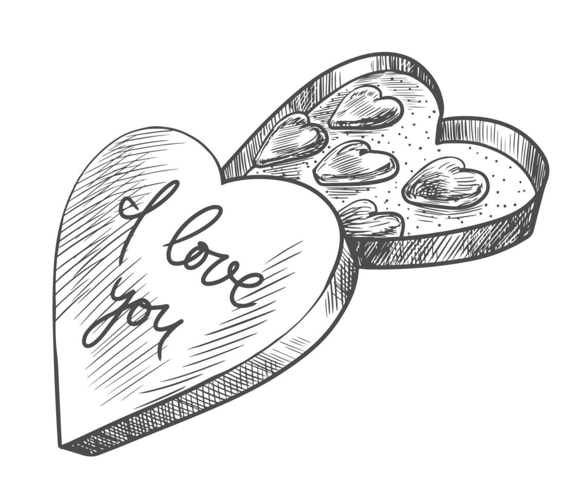 Box of chocolates. Sweets for Valentine's Day. Heart-shaped candies in box with inscription I love you. Black and white sketch style illustration vector