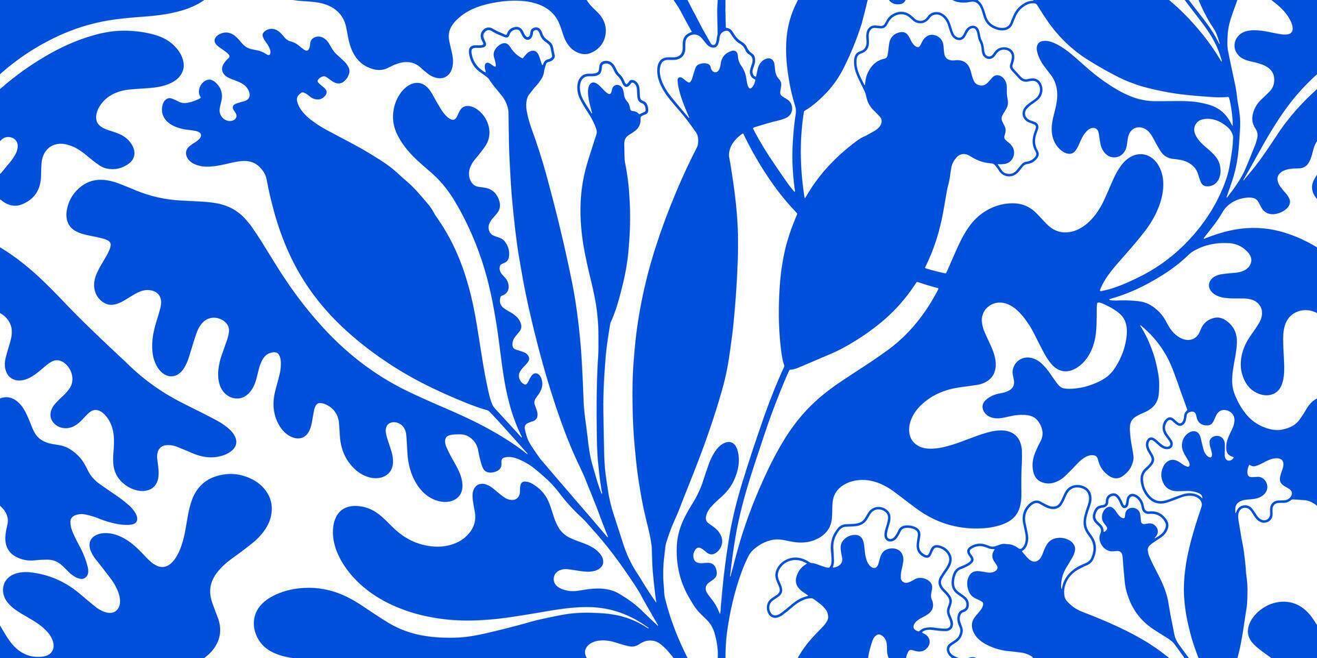 Fauvism style seamless floral pattern. Blue and white background with abstract plants silhouette. Geometric flower buds. Portuguese azulejos. Vintage texture. Decorative simple botanical pattern vector
