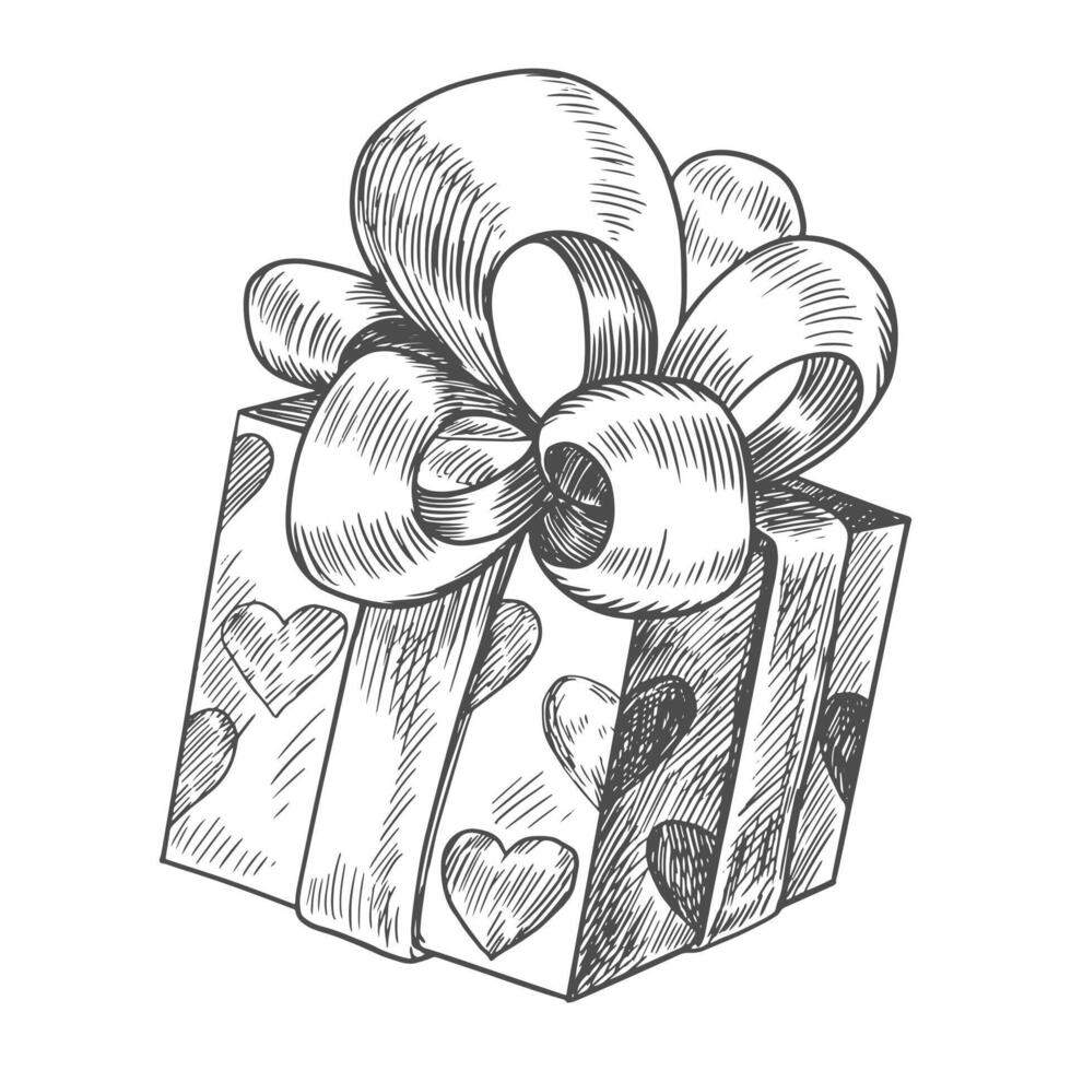 Gift box in wrapping paper with a pattern of hearts and a huge bow. Sketch style box. Black and white illustration for Valentines day. Birthday gift vector