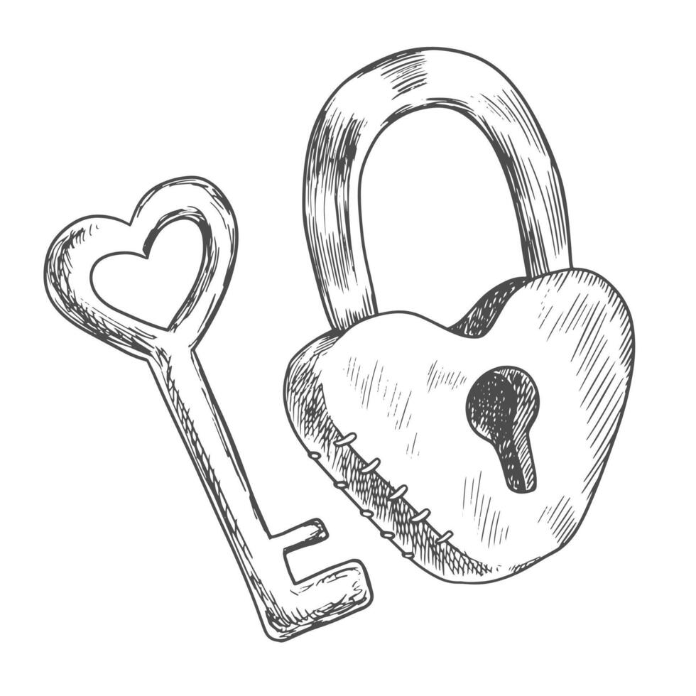 Heart-shaped lock. Heart shaped key. Symbols of love. Black and white sketch style illustration for Valentines day vector