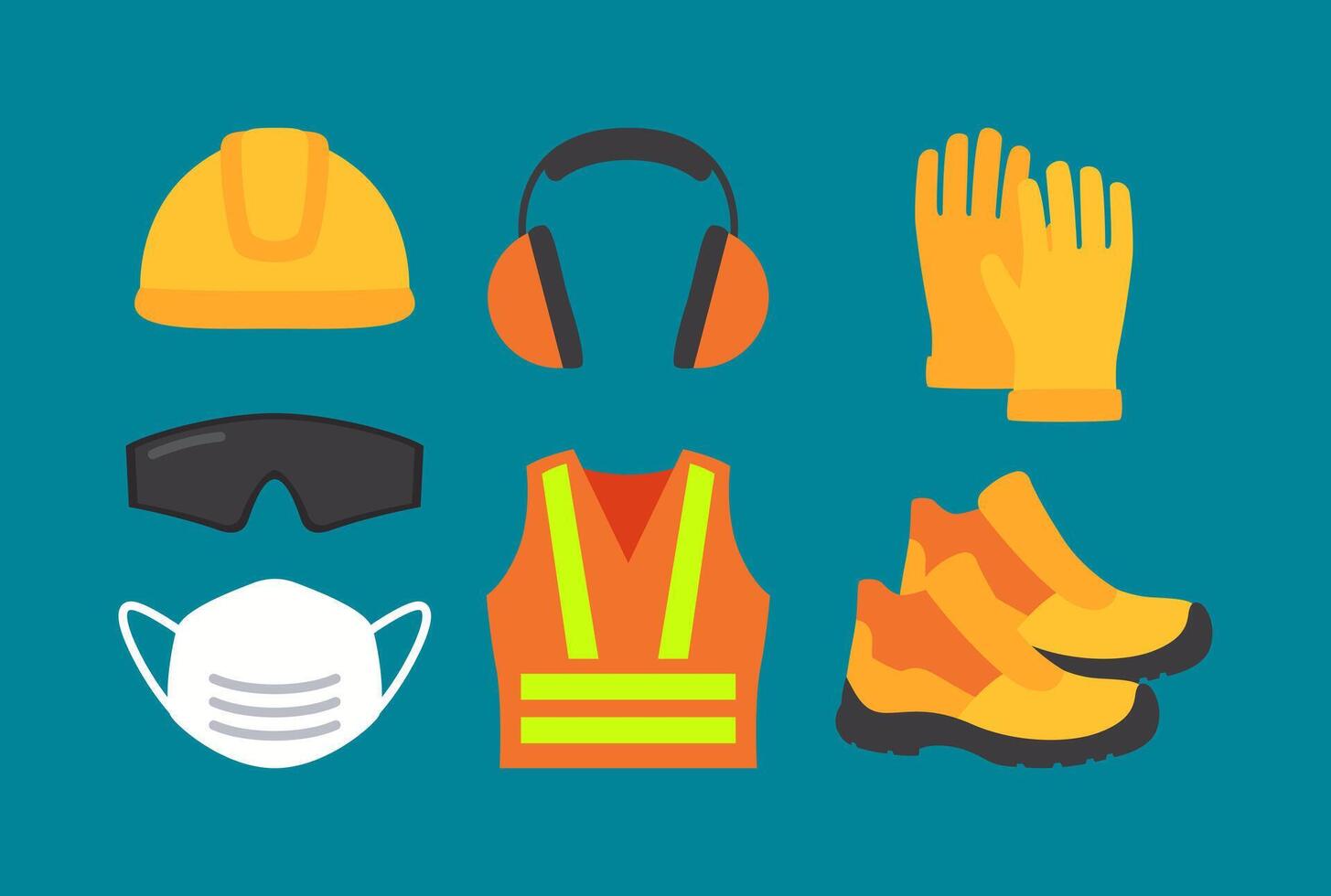 Safety first equipment. helmet, earmuffs, fire extinguisher, tools, safety boots, high visibility vest vector