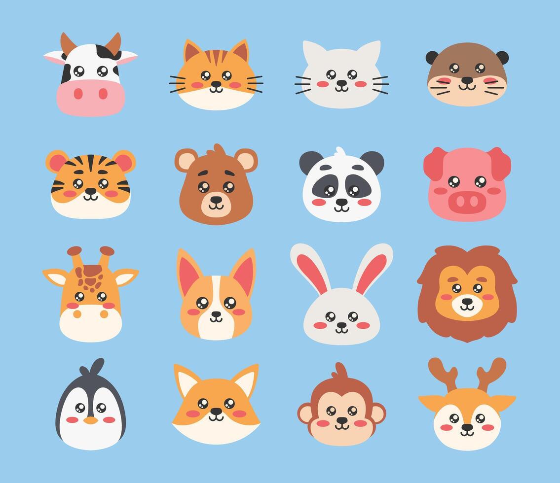 Cute Animal Head Illustration Design Set vector