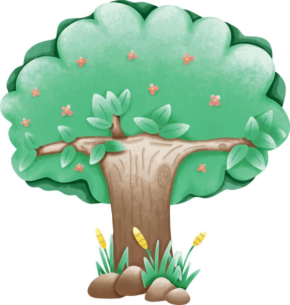 a cartoon tree with leaves and flowers vector