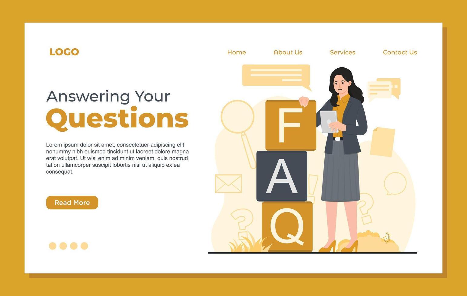 Flat design website landing page template with female character and text. illustration vector